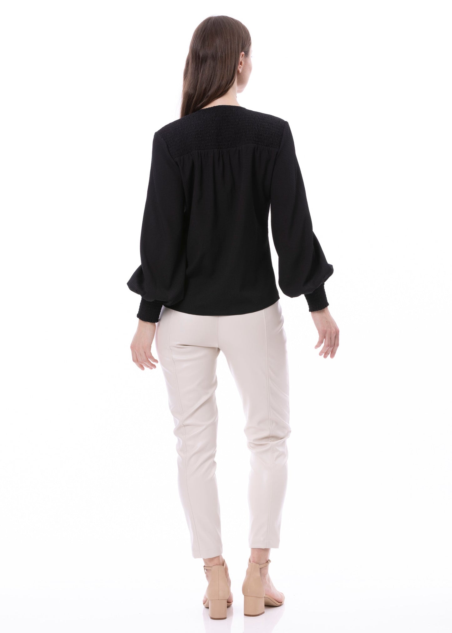 V-neck Bishop Sleeve Smocked Shoulder & Cuff Faux Wrap Blouse In Black Solid