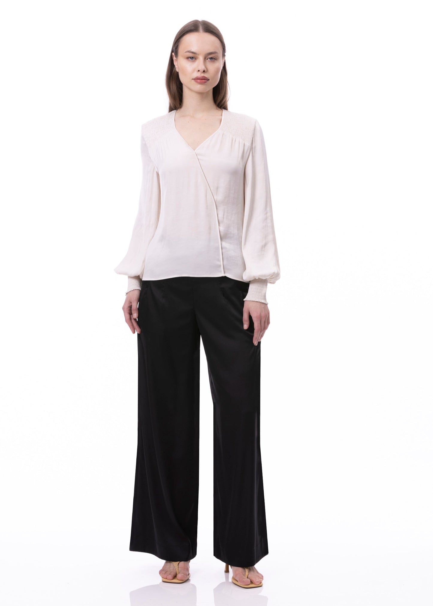 V-neck Bishop Sleeve Smocked Shoulder & Cuff Faux Wrap Blouse In Khaki Solid