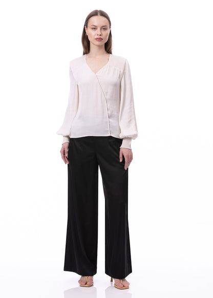 V-neck Bishop Sleeve Smocked Shoulder & Cuff Faux Wrap Blouse In Khaki Solid