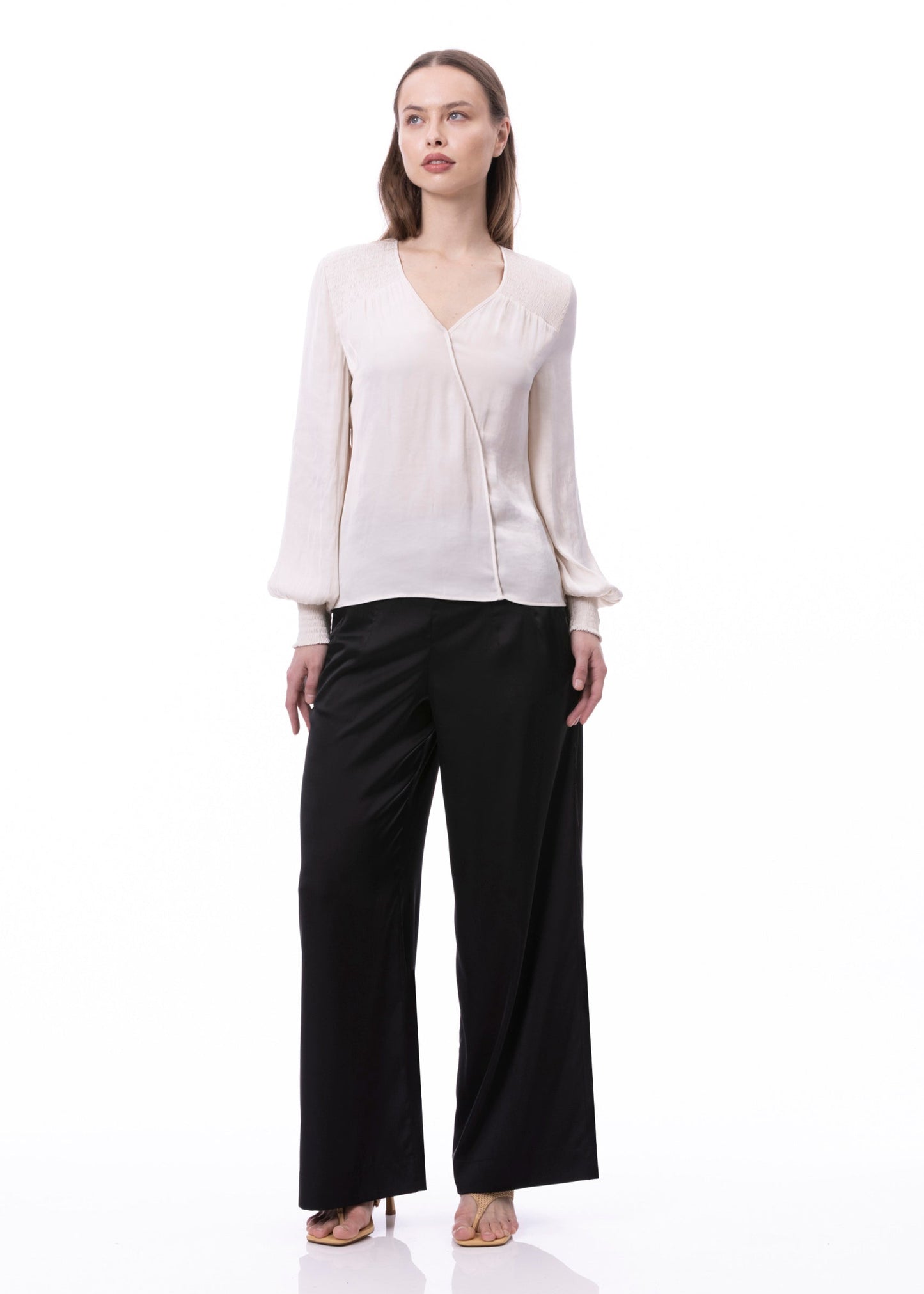 V-neck Bishop Sleeve Smocked Shoulder & Cuff Faux Wrap Blouse In Khaki Solid