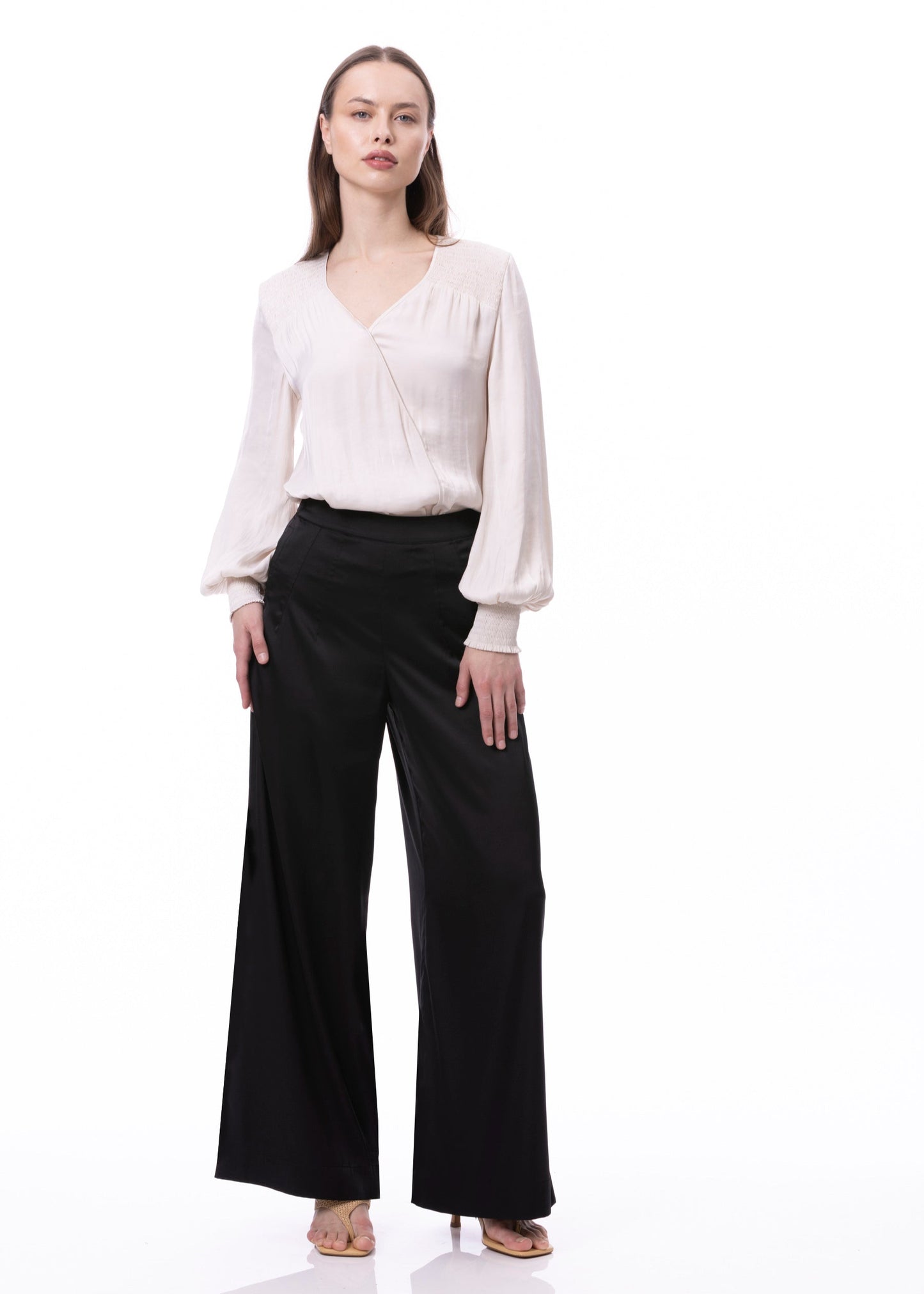 V-neck Bishop Sleeve Smocked Shoulder & Cuff Faux Wrap Blouse In Khaki Solid