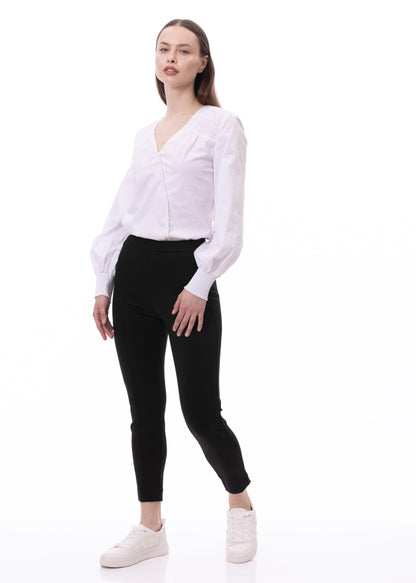 V-neck Bishop Sleeve Smocked Shoulder & Cuff Faux Wrap Blouse In Cotton White Solid