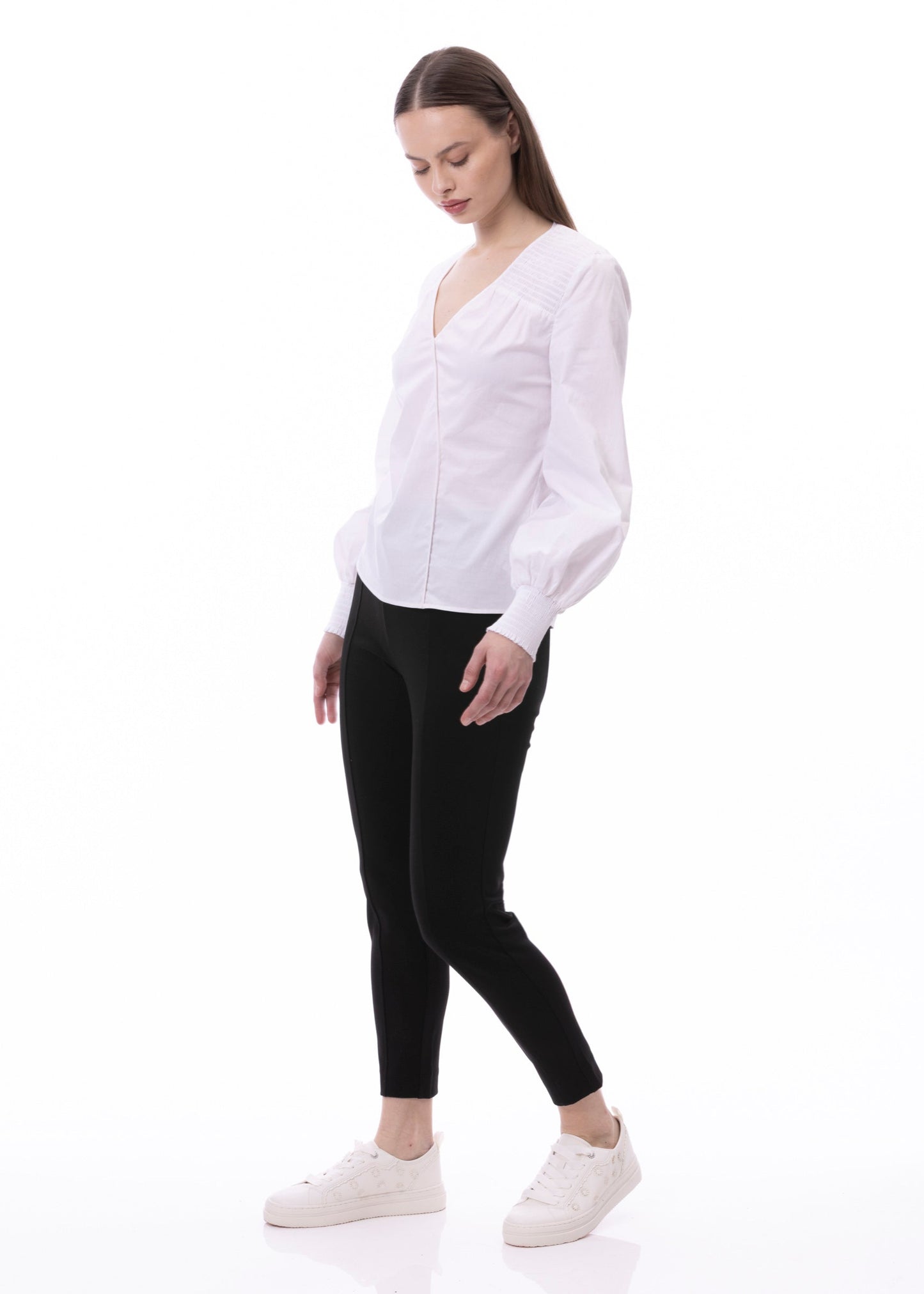 V-neck Bishop Sleeve Smocked Shoulder & Cuff Faux Wrap Blouse In Cotton White Solid