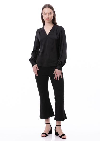 V-neck Pleat Detail Balloon Long Sleeve Blouse In Black Solid