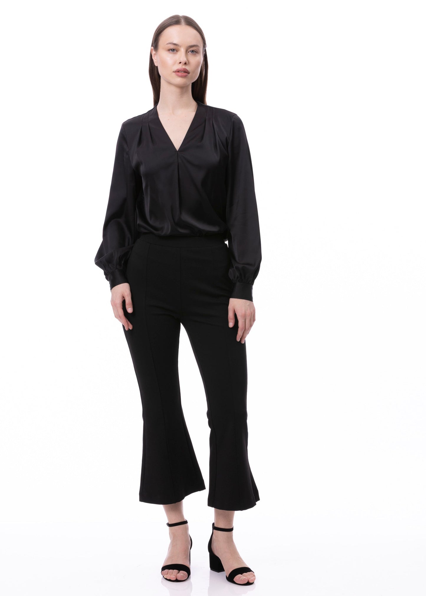 V-neck Pleat Detail Balloon Long Sleeve Blouse In Black Solid